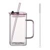 1 Pcs Pink Glass Straw Cup, 4 Colors Square Glass Cup With Straw And Lid, High Borosilicate Glass Cup, Milk Cup, Juice Cup, Cold Drink Cup, Coffee Cup