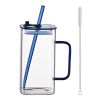 1 Pcs Blue Glass Straw Cup, 4 Colors Square Glass Cup With Straw And Lid, High Borosilicate Glass Cup, Milk Cup, Juice Cup, Cold Drink Cup, Coffee Cup