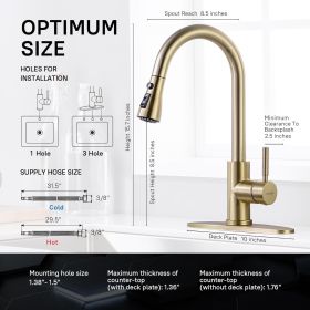 Gold Kitchen Faucet with Pull Down Sprayer, Single Handle Brushed Gold Kitchen Sink Faucets Stainless Steel Brass Copper Commercial RV 1 or 3 Hol