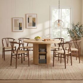 6-piece set of walnut color woven dining chairs, including a 47.2-inch round Roman column table with storage function