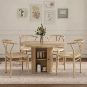 4-piece set of wooden color woven dining chairs, including a 47.2-inch round Roman column table with storage function
