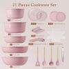 21 Pcs Pots and Pans Non Stick Ceramic Cookware Set, Detachable Handles, RV Kitchen Cooking Set, Oven Safe, Induction Ready, Stackable, Pink