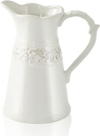 White Ceramic Pitcher Vase, Flower Pitcher,Farmhouse vase for Home Décor, 8.5inch Jug Vase.