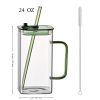 1 Pcs Pink Glass Straw Cup, 4 Colors Square Glass Cup With Straw And Lid, High Borosilicate Glass Cup, Milk Cup, Juice Cup, Cold Drink Cup, Coffee Cup