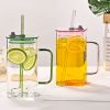 1 Pcs Pink Glass Straw Cup, 4 Colors Square Glass Cup With Straw And Lid, High Borosilicate Glass Cup, Milk Cup, Juice Cup, Cold Drink Cup, Coffee Cup