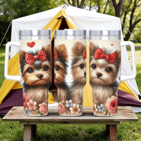 1pc Cute Bow Yorkshire Terrier Tumbler, Floral Printed Stainless Steel Car Cup, Adorable Pet Water Bottle for Dog Lovers, Portable Girly Travel M (Color: White, Capacity: 40oz)