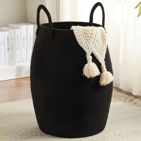 1pc Foldable Boho Laundry Basket - 22" Tall Oval Fabric Hamper with Long Handles & Decorative Tassels, Texture Design for Bedroom, Bathroom (number: 1pcs, Color: Black)