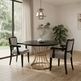 42" Round Dark Oak Dining Set – Solid Wood-Look Veneer Table + 2 Upholstered Walnut-Finish Chairs, Heavy-Duty Iron Base (Color: as Pic)
